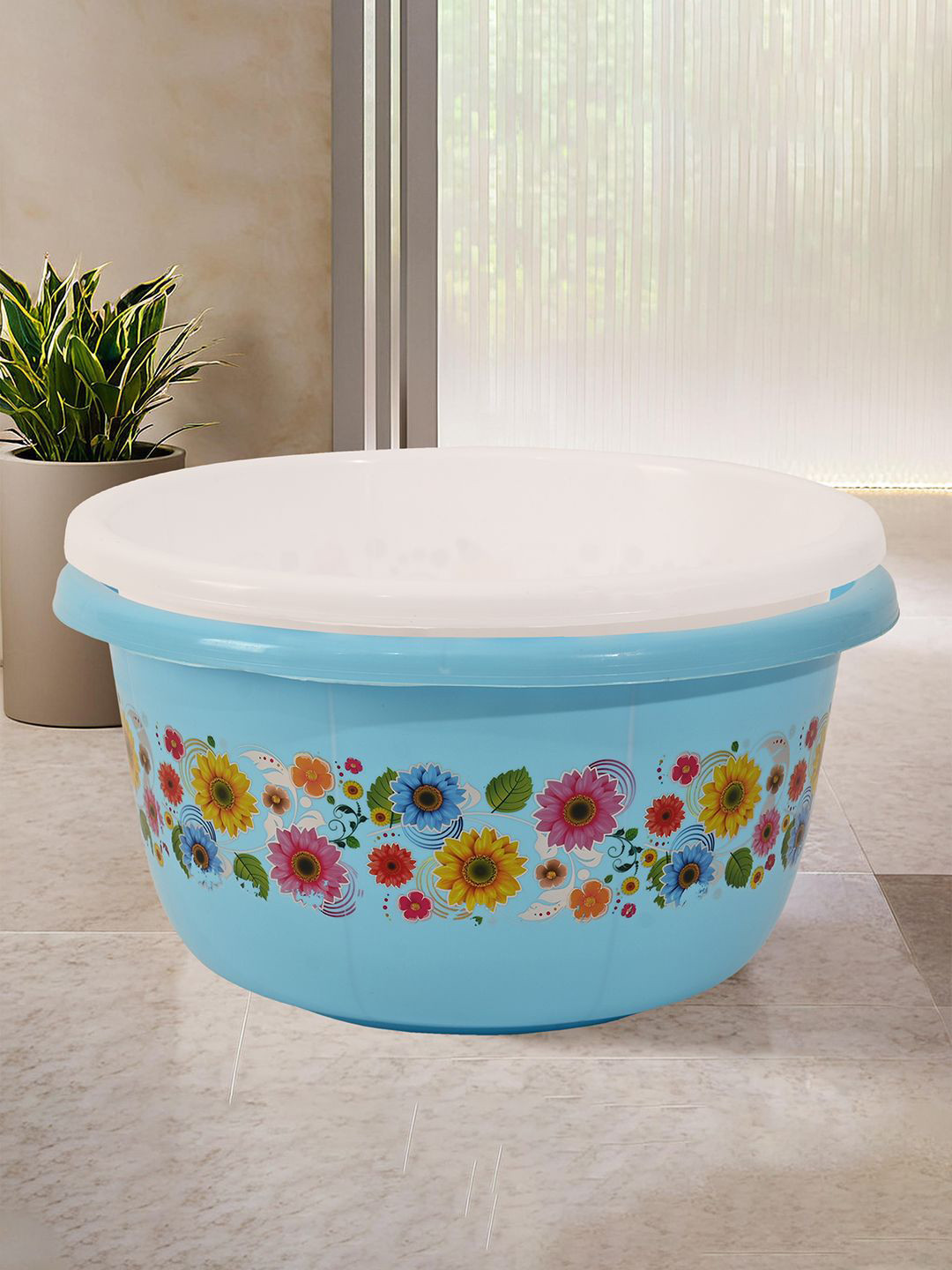 

Kuber Industries White & Blue 2 Pieces Floral Printed Bath Tubs 40 L Each