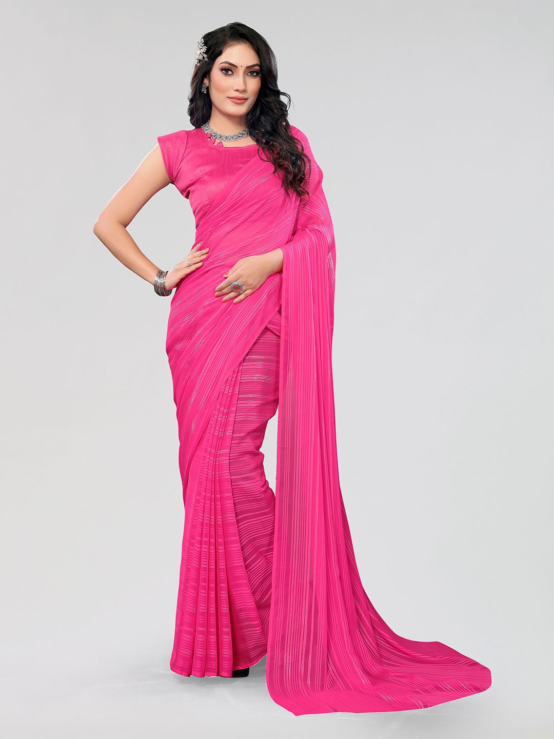 

Moda Rapido Striped Printed Satin Saree, Pink