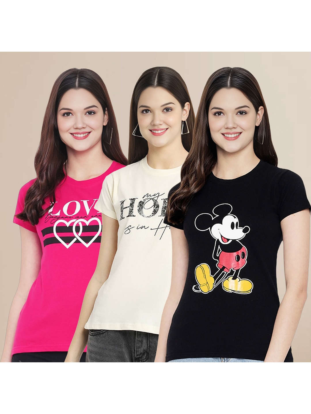 

Metronaut Women Pack Of 3 Graphic Printed Round Neck Cotton Mickey Mouse T-shirts, Black