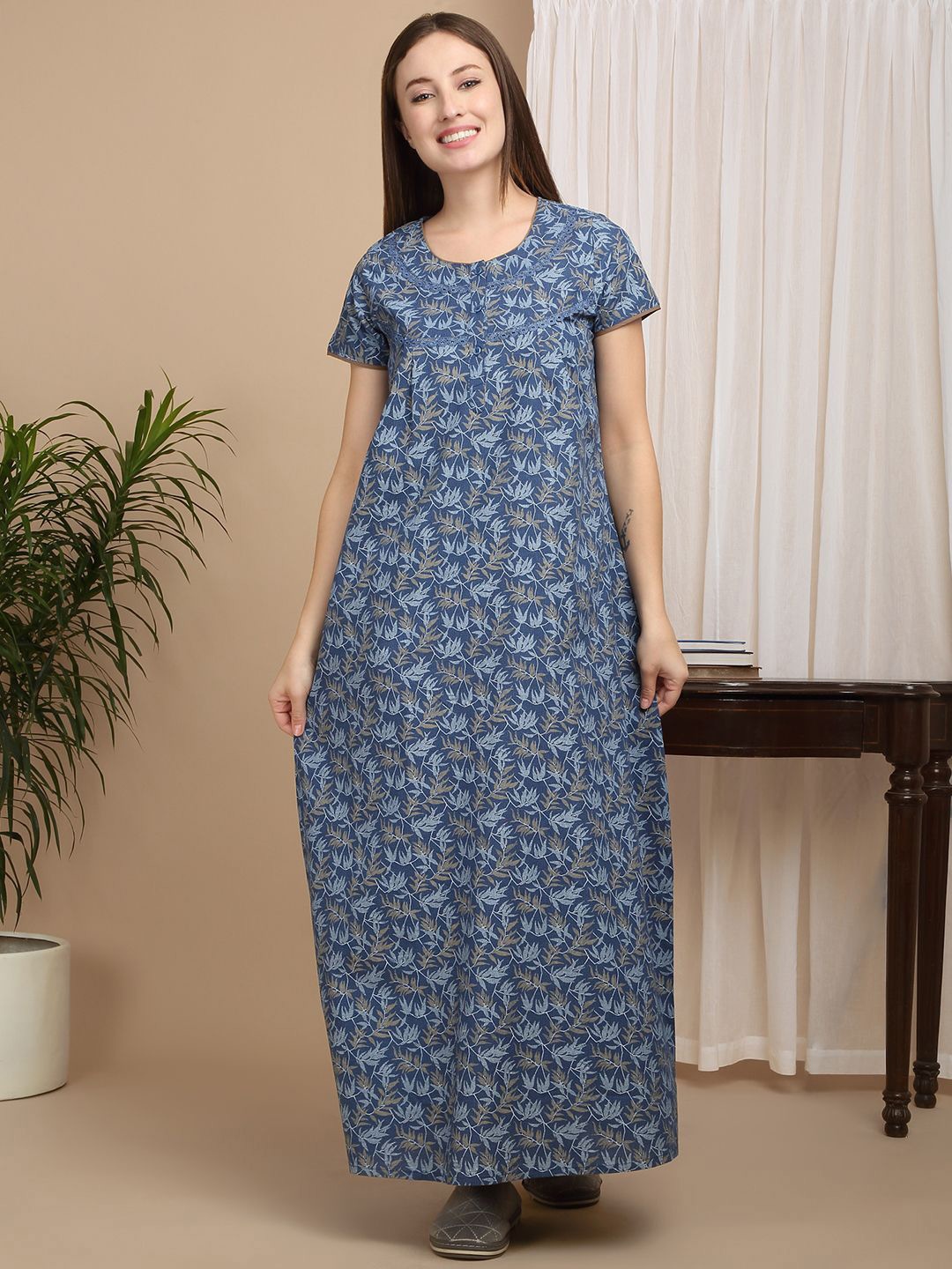 

Sweet Dreams Women Printed Pure Cotton Maxi Nightdress, Blue