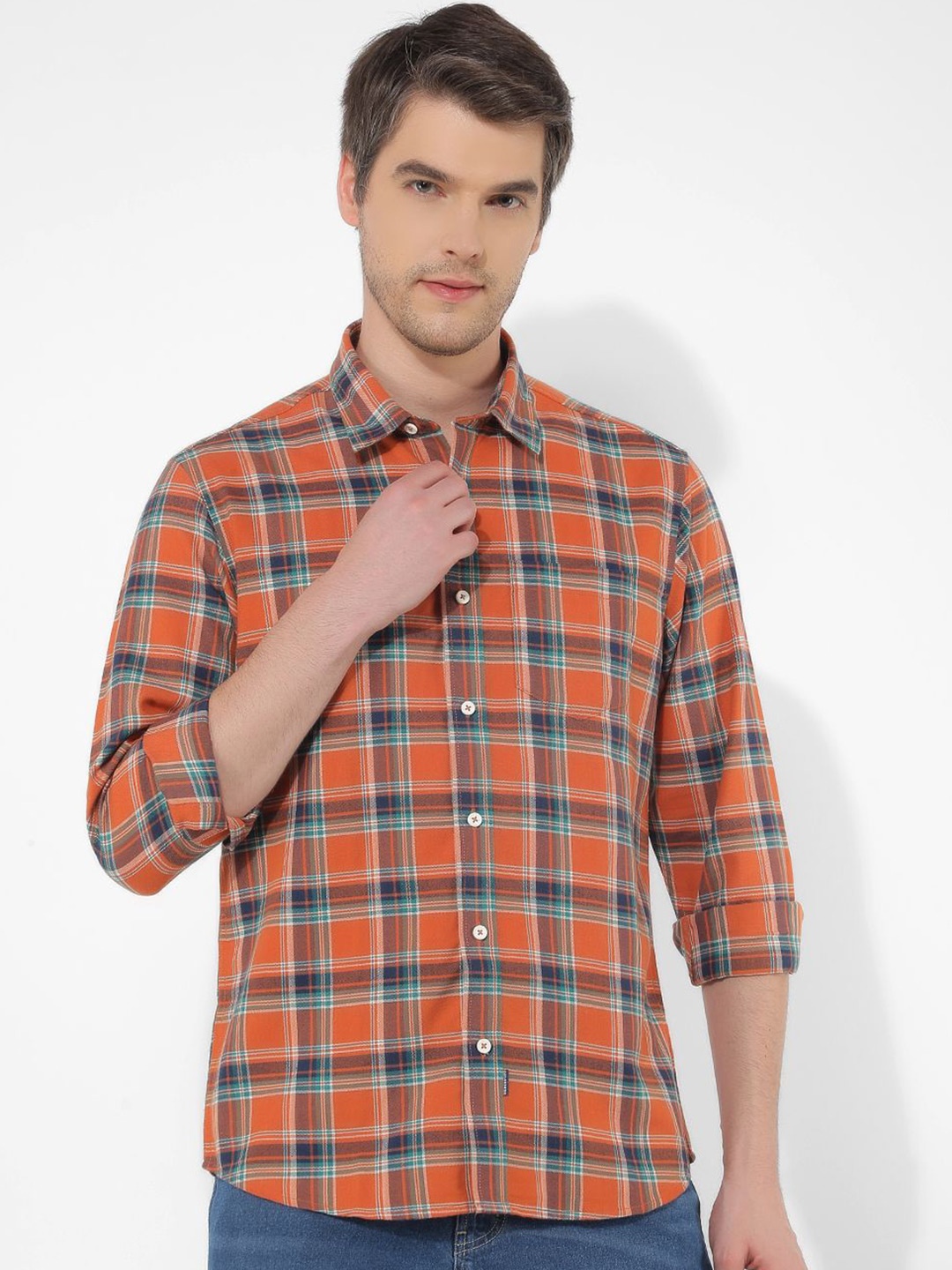 

Numero Uno Men Spread Collar Tartan Checked Cotton Casual Shirt, Orange