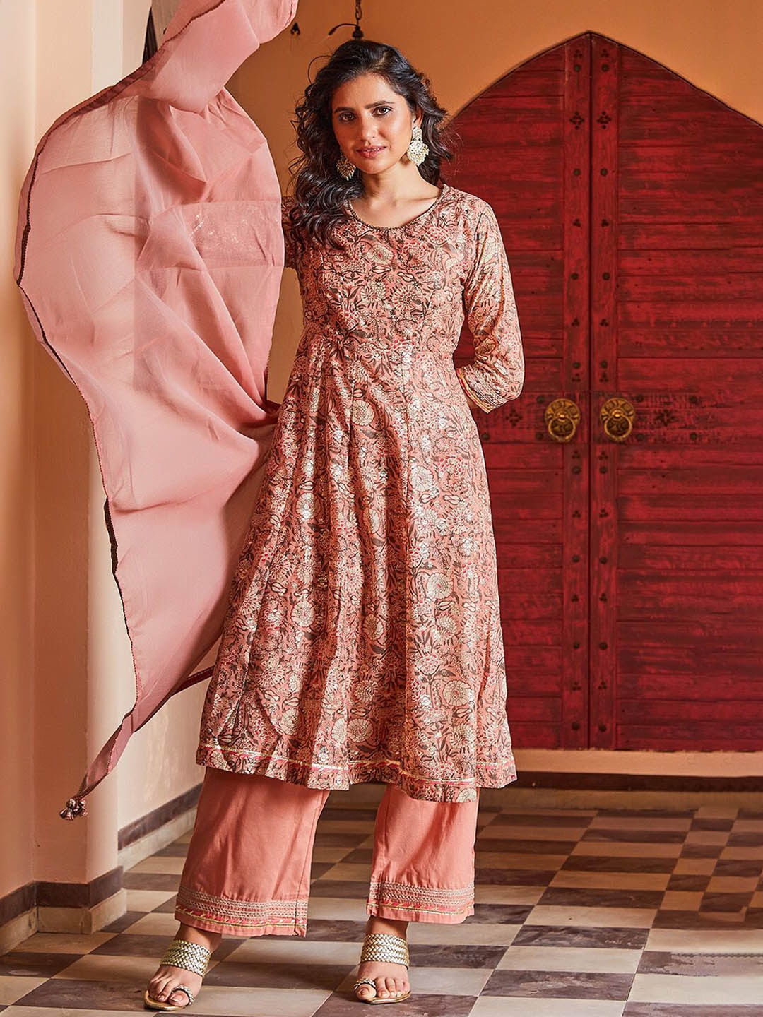 

Biba Floral Printed Sequinned Anarkali Kurta With Palazzo & Dupatta, Peach