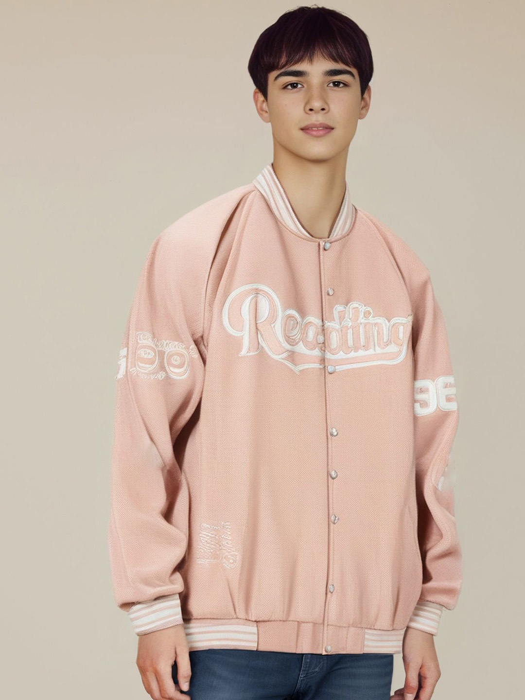 

StyleCast x Revolte Men Stand Collar Typography Printed Casual Varsity Jacket, Pink