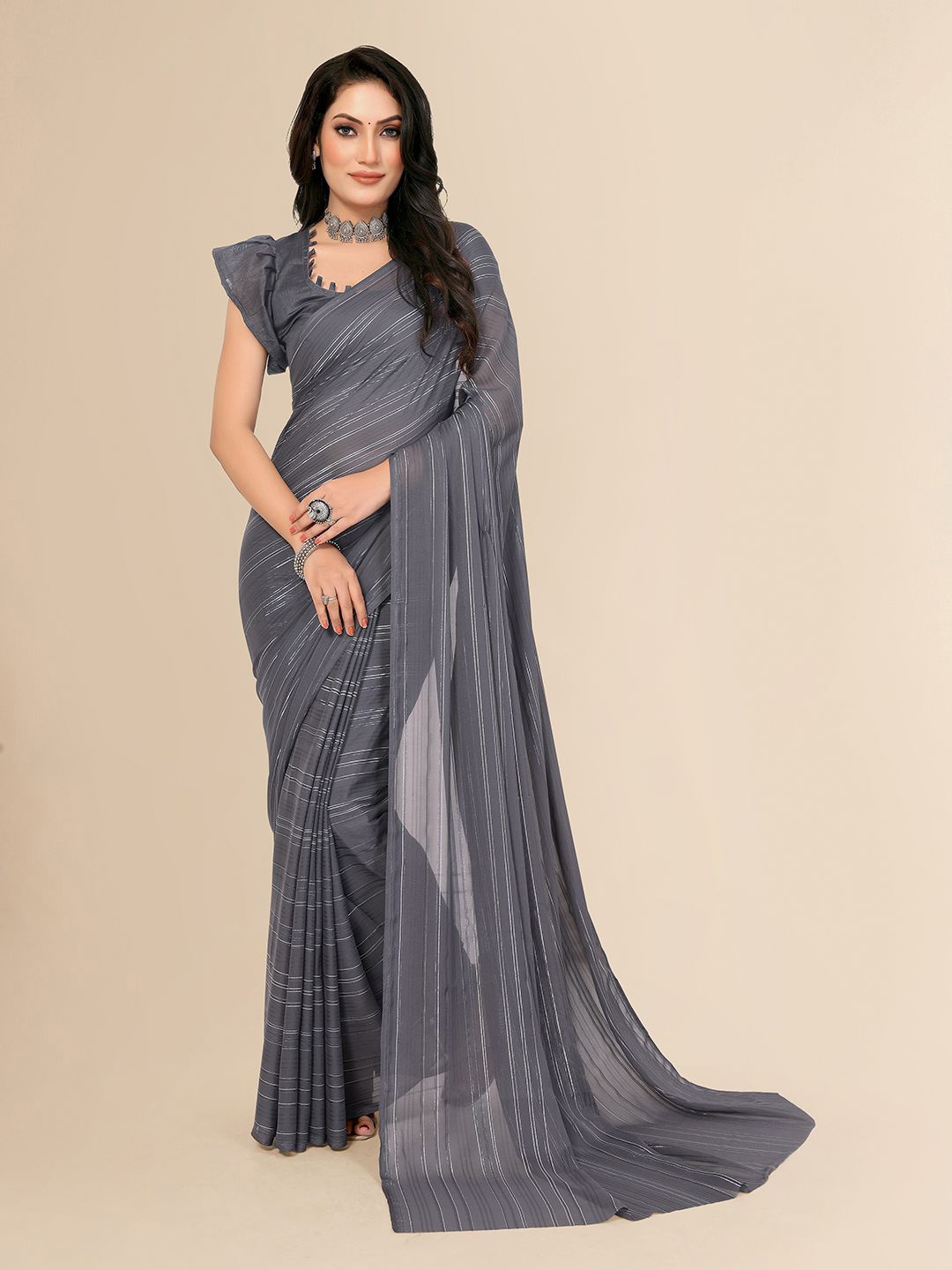 

ANAND SAREES Striped Printed Satin Saree With Unstitched Blouse Piece, Grey