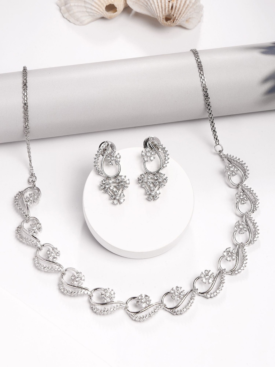 

KARATCART Silver-Plated American Diamond Stone-Studded Jewellery Set