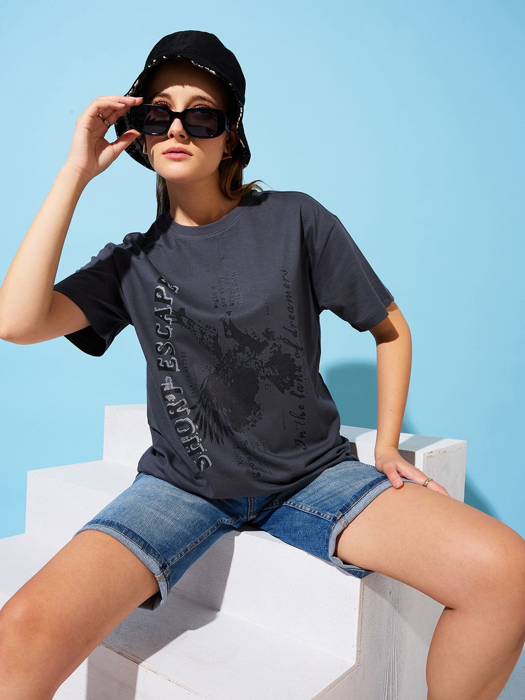 

The Roadster Lifestyle Co. Women Graphic Printed Round Neck Cotton Oversized T-shirt, Grey