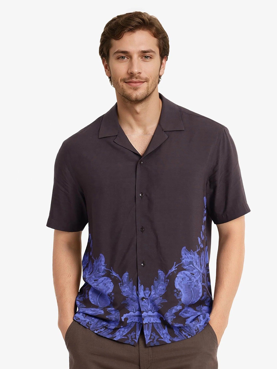 

RARE RABBIT Men Comfort Spread Collar Floral Printed Boxy Casual Shirt, Brown