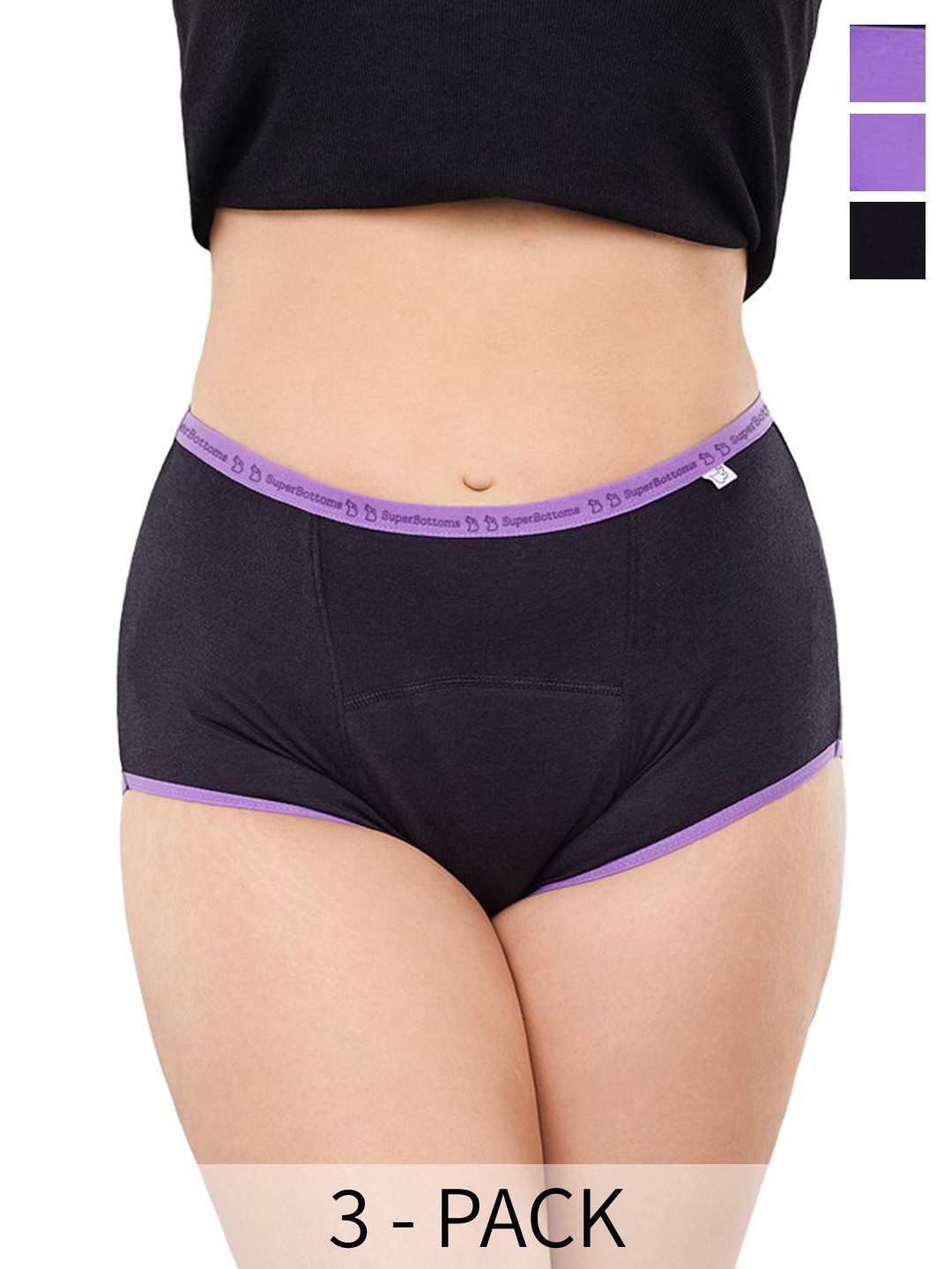 

SuperBottoms Pack of 3 Bamboo Fabric + Cotton Period Underwear High Waist Leak-Free, Black