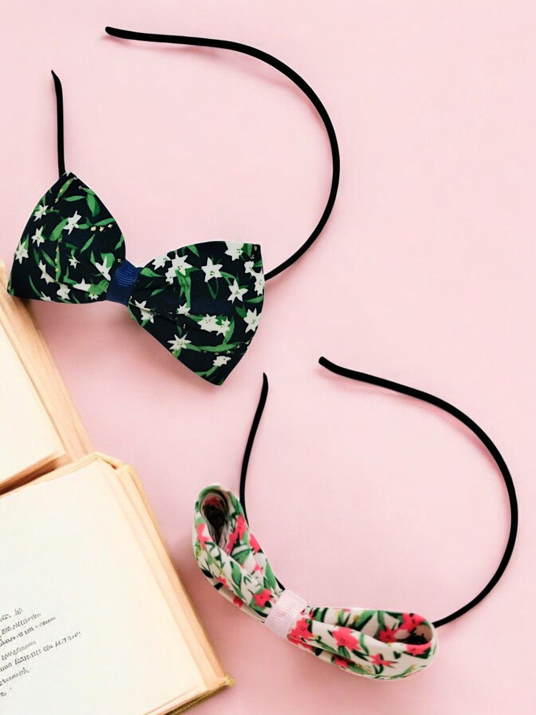 

9blings Girls Set of 2 Floral Printed Bow Hairband, Black