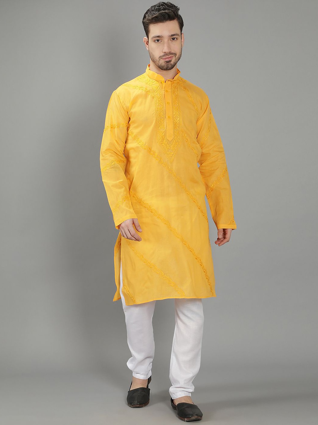 

Seva Chikan Mandarin Collar Ethnic Motifs Embroidered Chikankari Cotton Kurta, Yellow