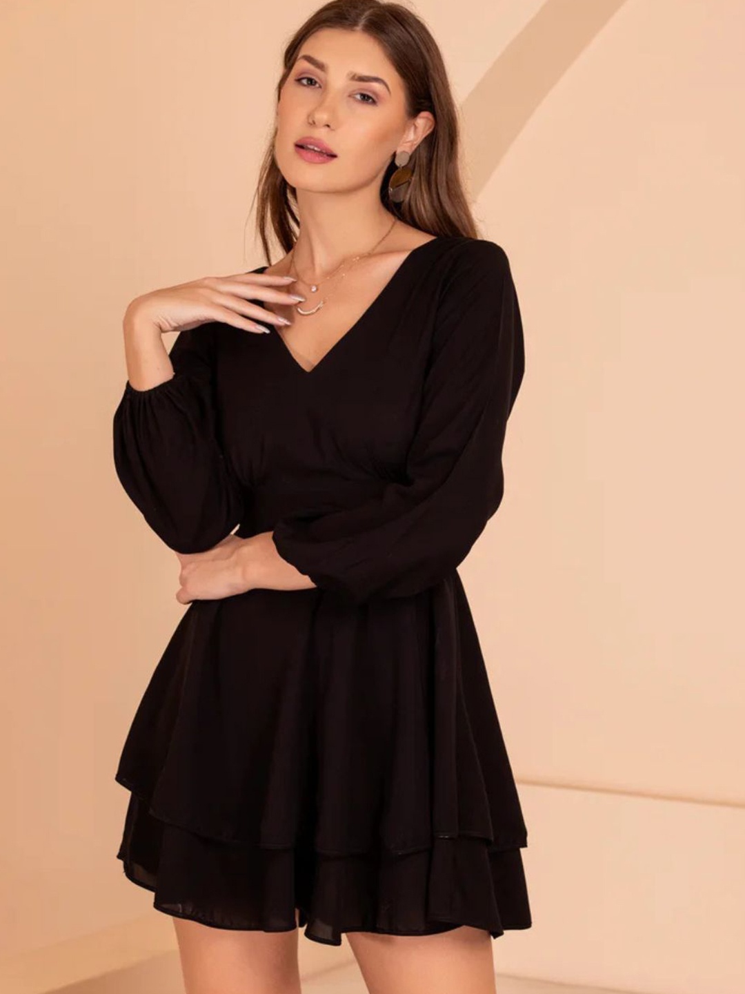 

DESIGNS BY QUEEN BEE Puff Sleeve Georgette Fit & Flare Dress, Black