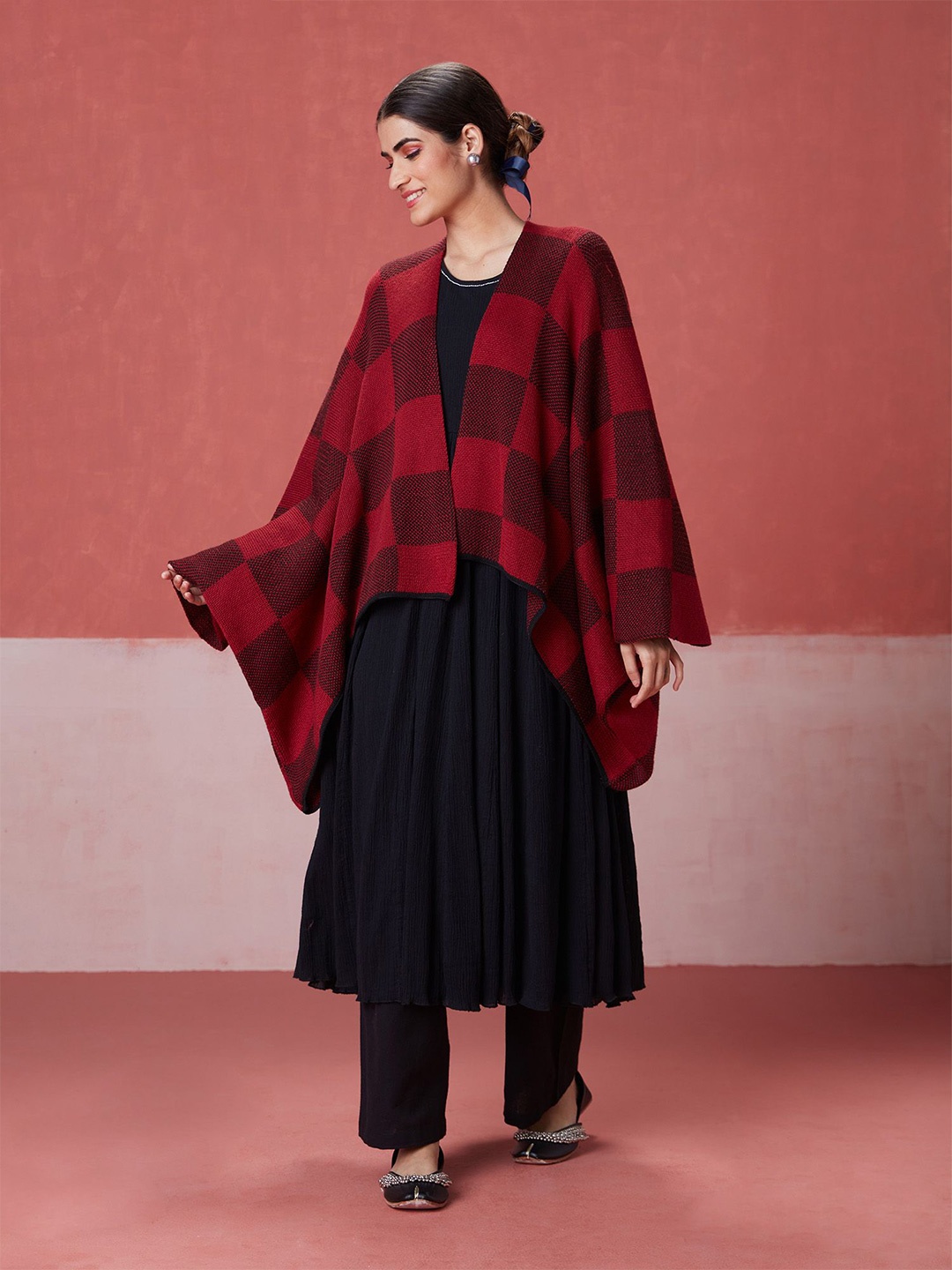 

Likha Checked Acrylic Longline Open Front Shrug, Maroon