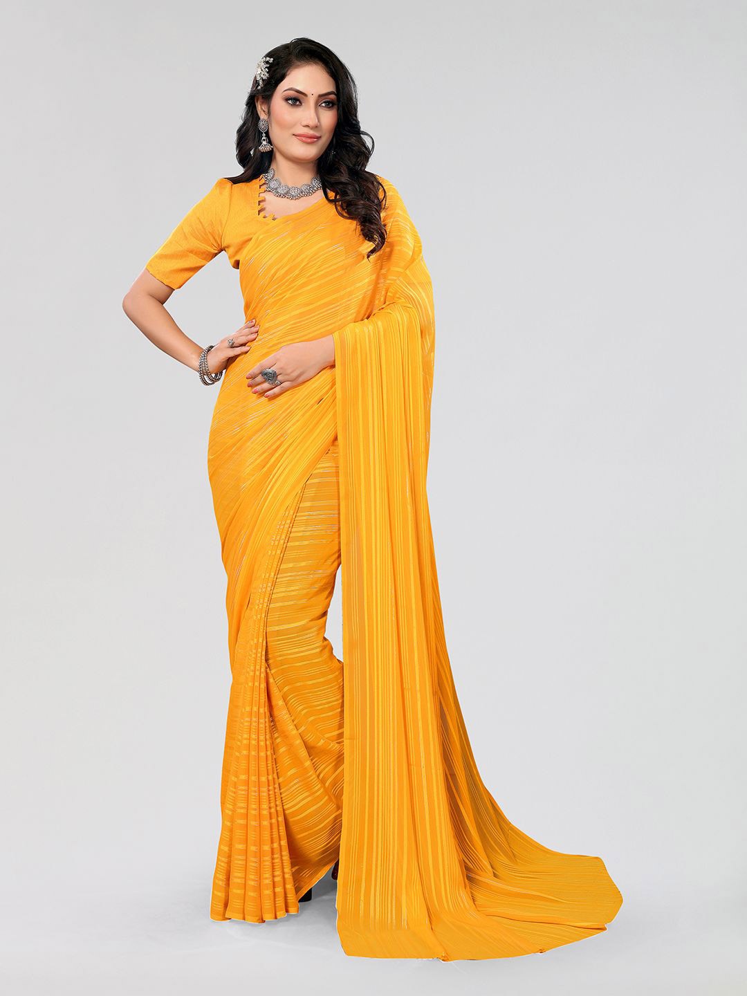 

Moda Rapido Striped Satin Saree, Yellow