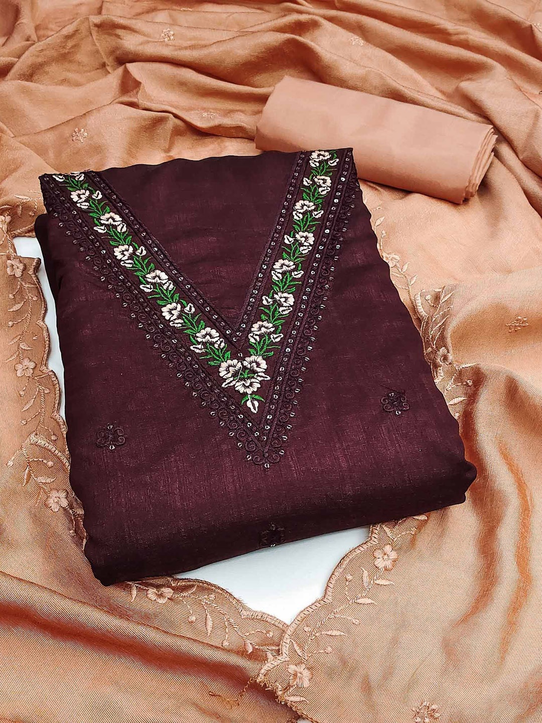 

Peachmode Floral Embroidered Sequinned Vichitra Silk Unstitched Dress Material, Purple