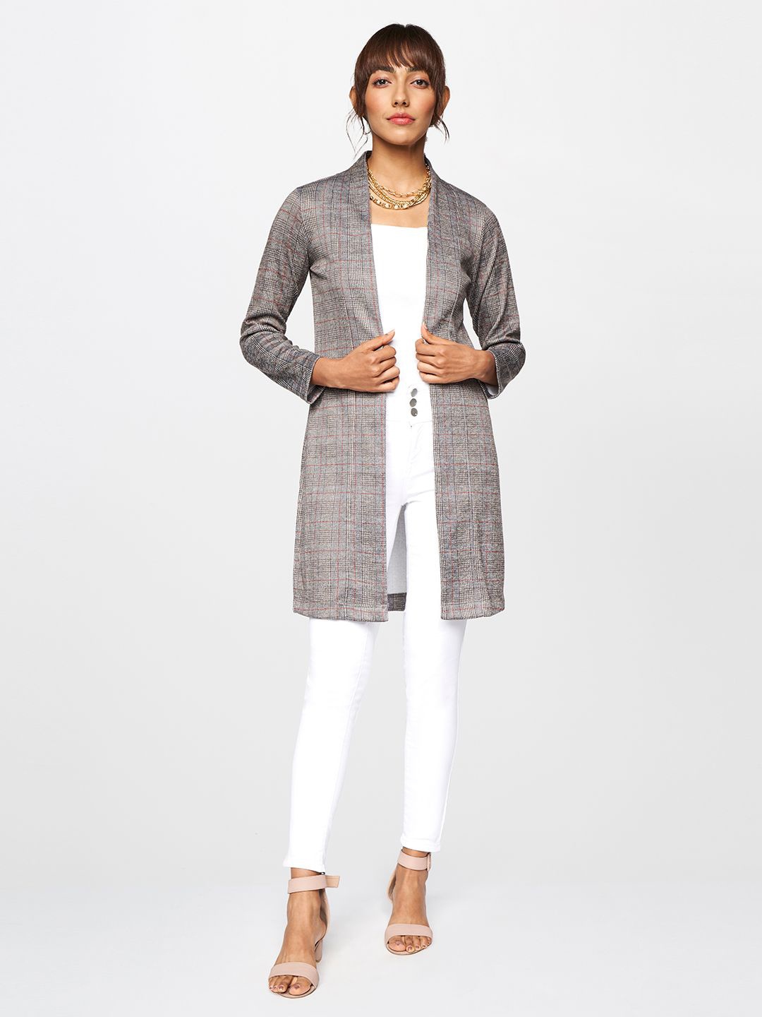 

AND Checked Longline Open Front Shrug, Grey