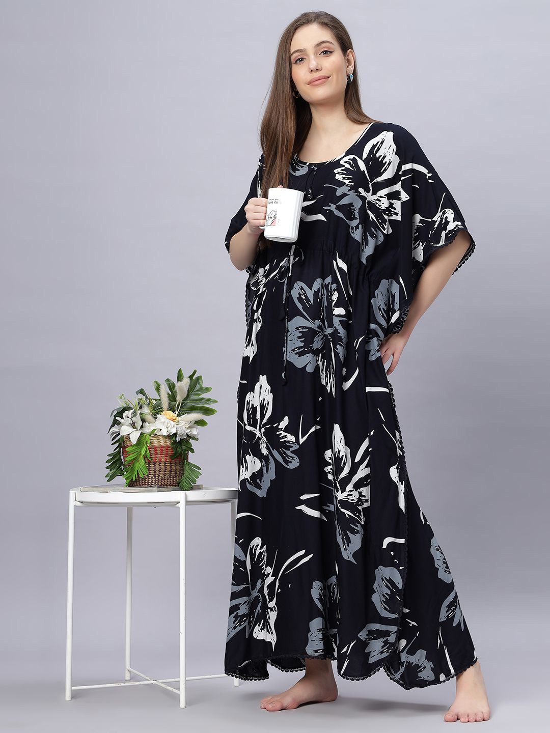 

QUIRA Women Floral Printed Kaftan Maxi Nightdress, Navy blue