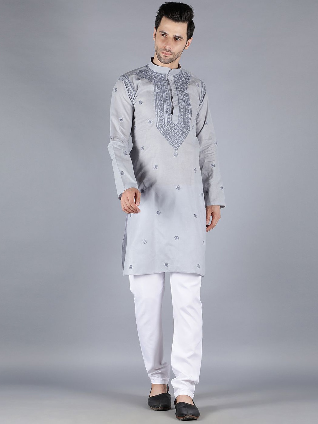 

Seva Chikan Mandarin Collar Ethnic Motifs Embroidered Chikankari Cotton Kurta, Grey