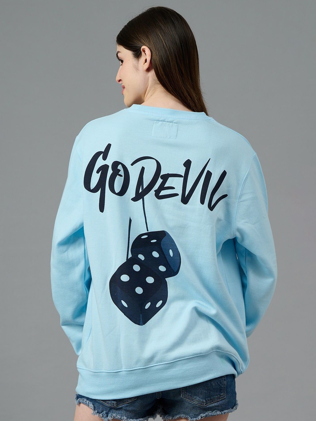 

GO DEVIL Women Printed Oversized Sweatshirt, Blue