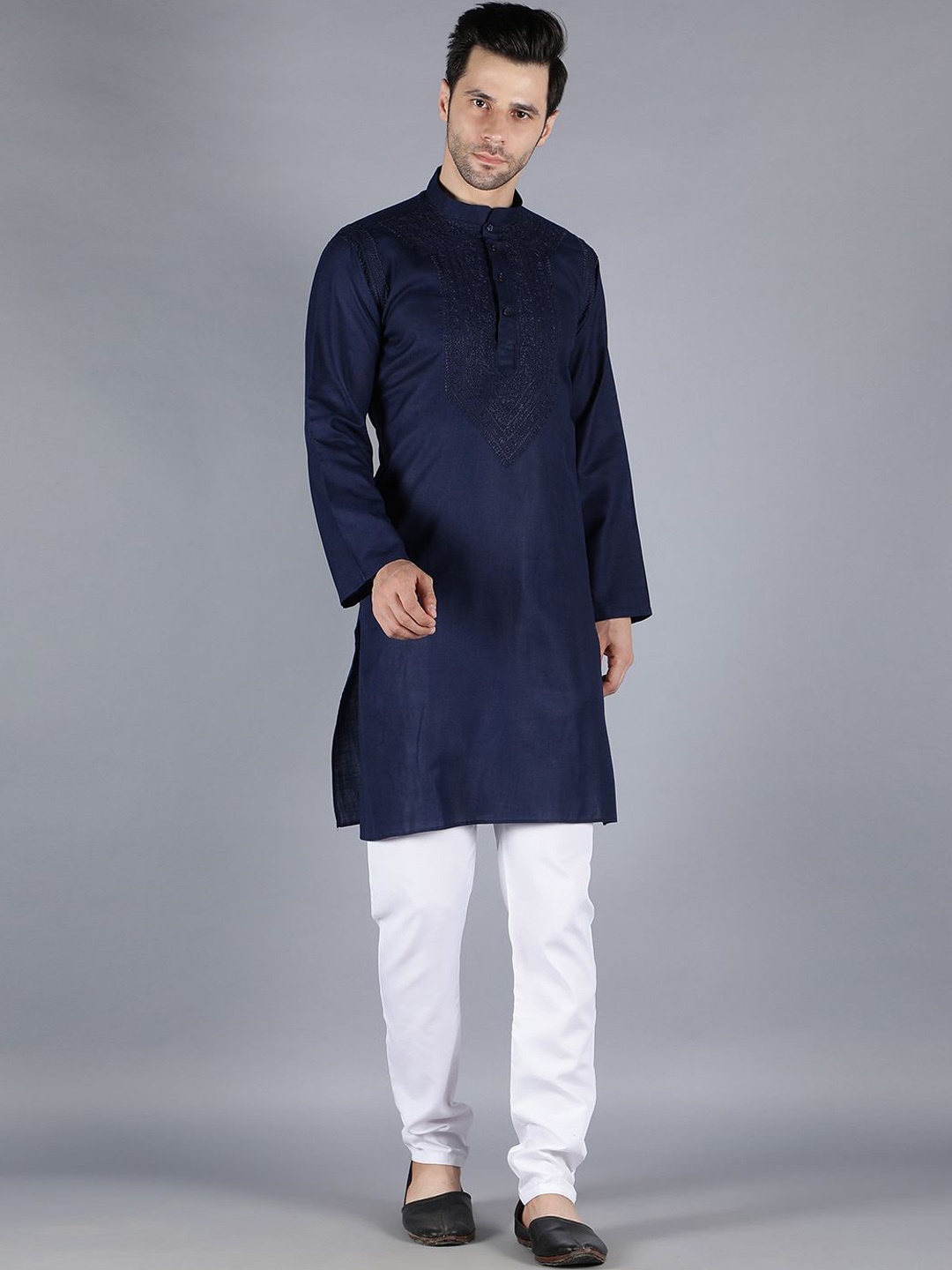 

Seva Chikan Floral Embroidered Mandarin Collar Long Sleeves Pure Cotton Straight Kurta, Navy blue