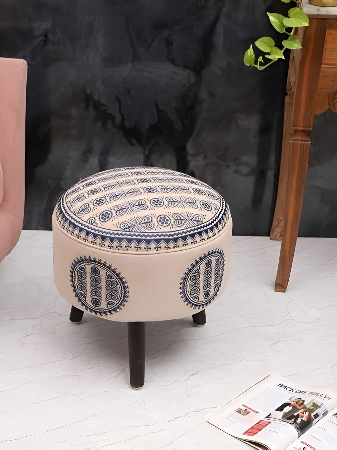 

Decoghar Blue Single Piece Embroidered Wooden Ottoman