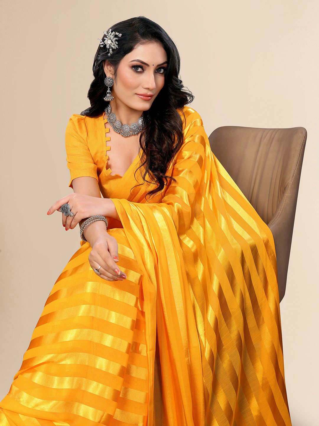 

Moda Rapido Striped Printed Satin Saree With Unstitched Blouse Piece, Yellow