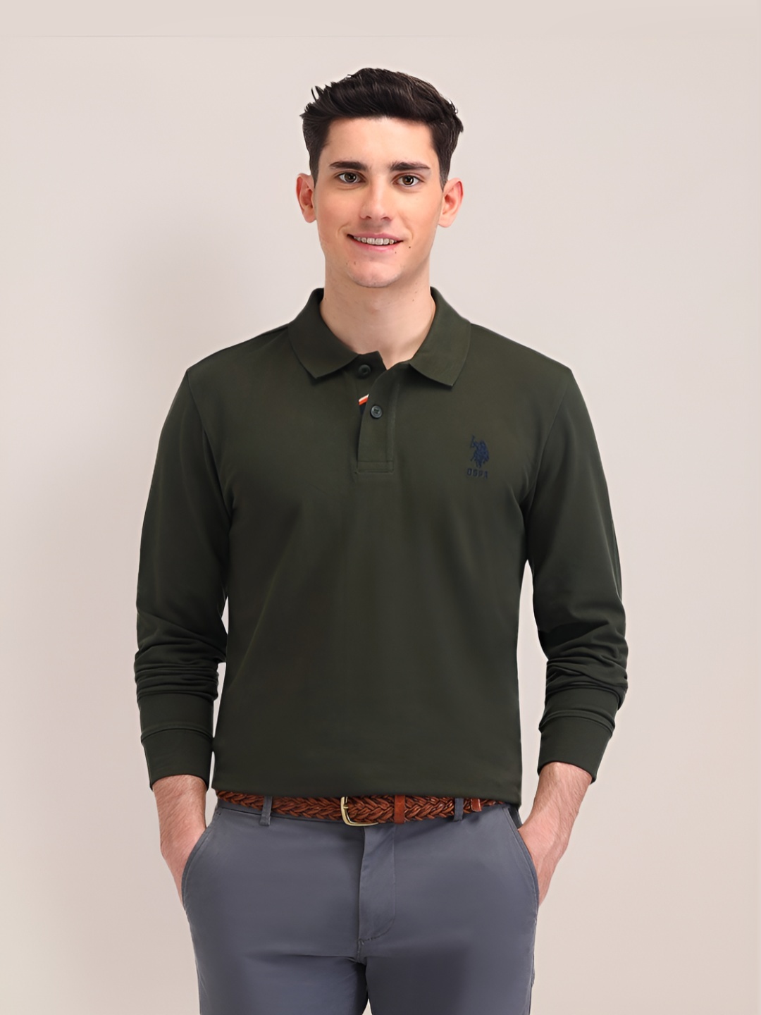 

U.S. Polo Assn. Men Solid Polo Collar Cotton Slim Fit T-shirt, Olive