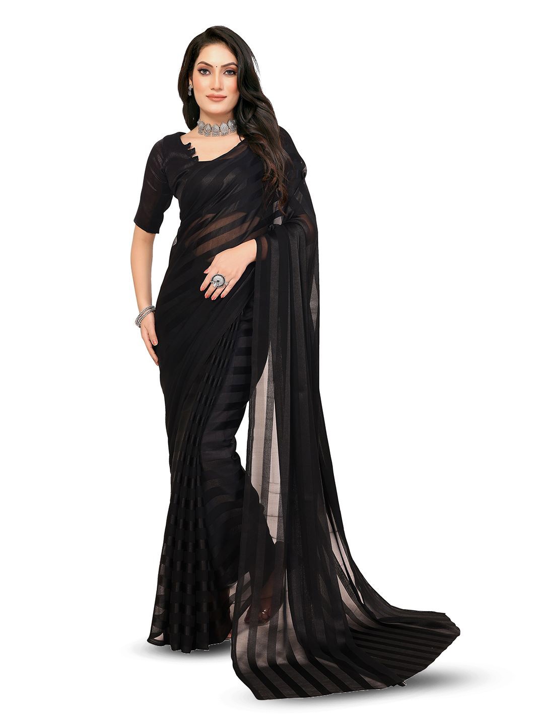 

Moda Rapido Striped Satin Saree, Black