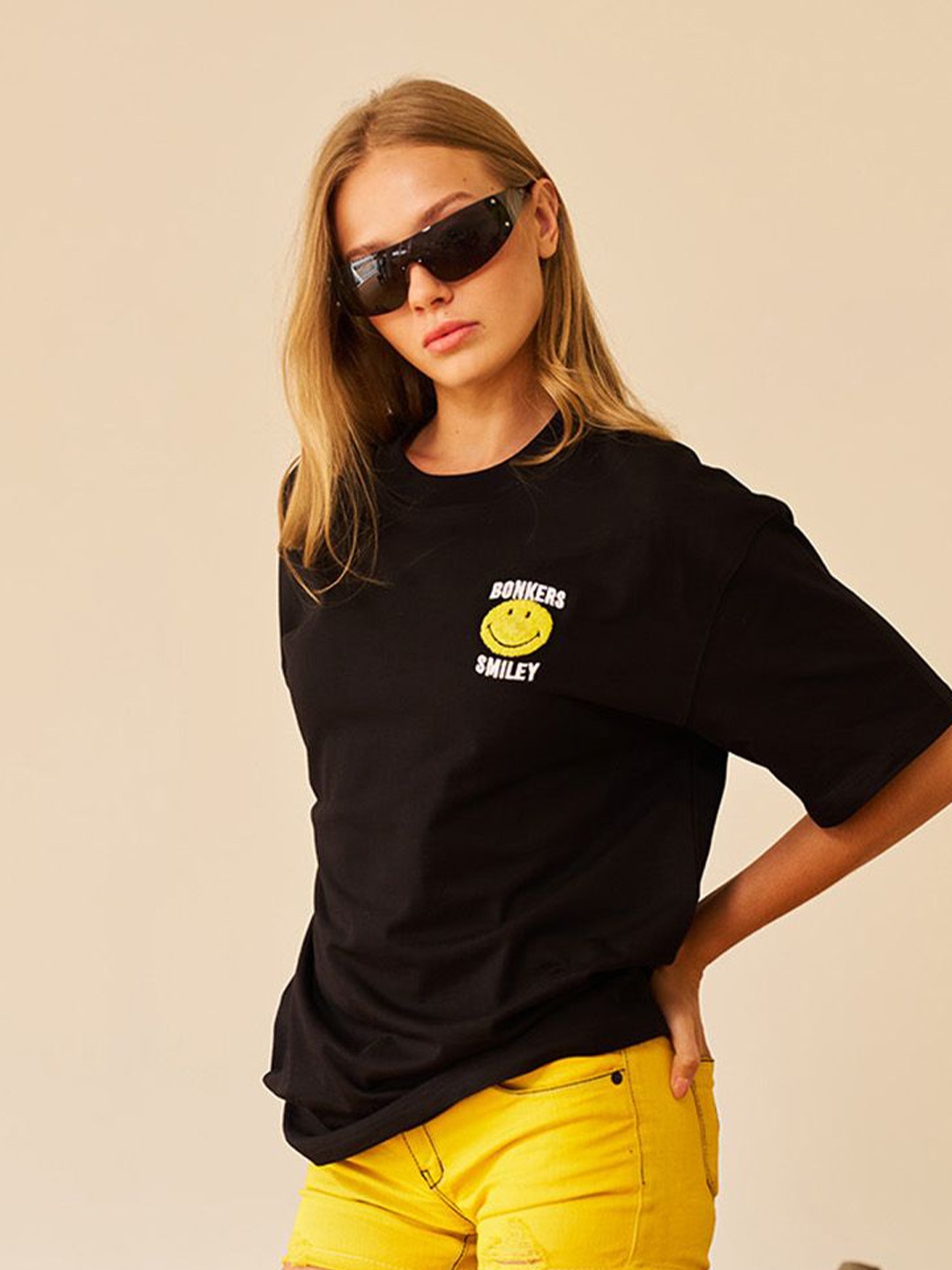 

Bonkers Corner Women Graphic Printed Round Neck Cotton Oversized T-shirt, Black