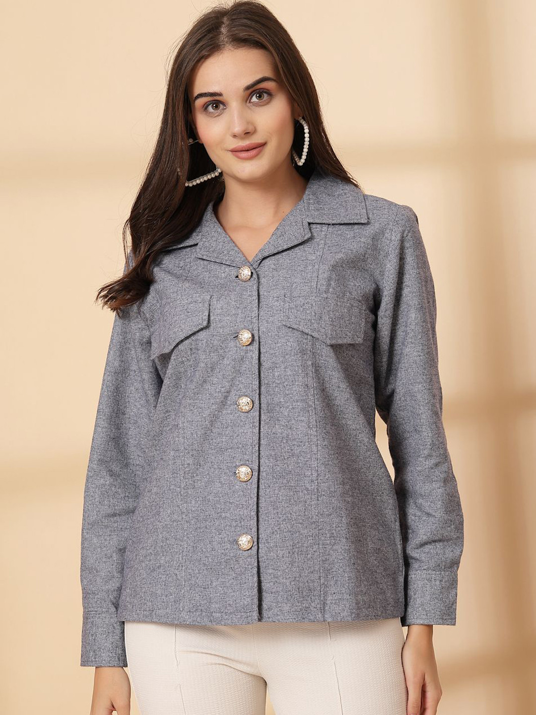 

plusS Women Lapel Collar Solid Cotton Casual Tailored Jacket, Grey