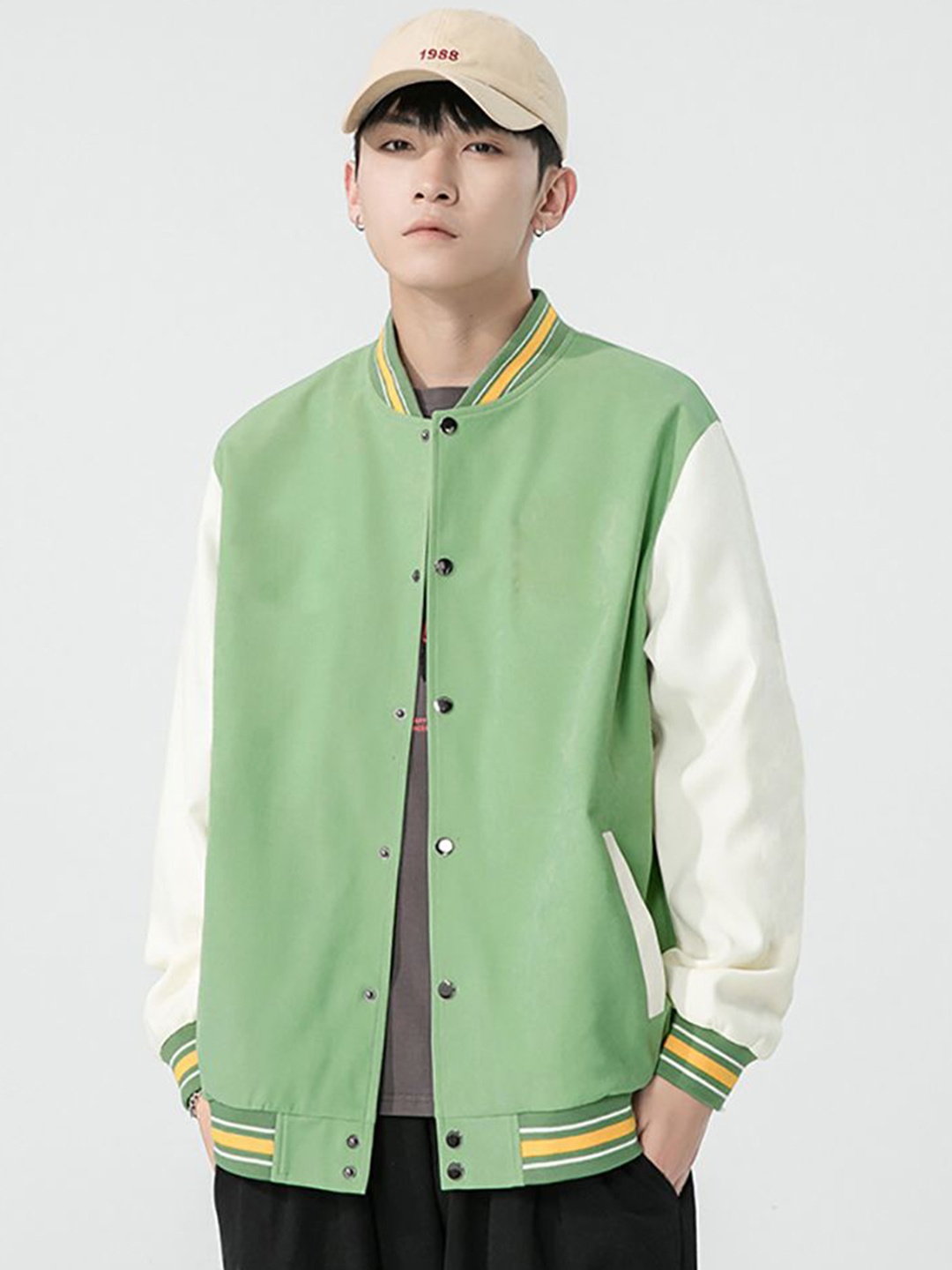 

StyleCast x Revolte Men Stand Collar Colourblocked Casual Bomber Jacket, Green