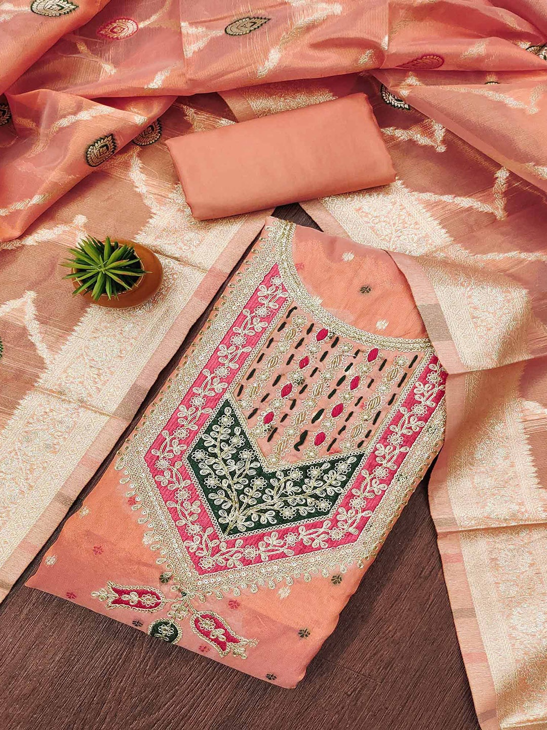 

Peachmode Floral Woven Design Beads & Stones Unstitched Dress Material, Peach