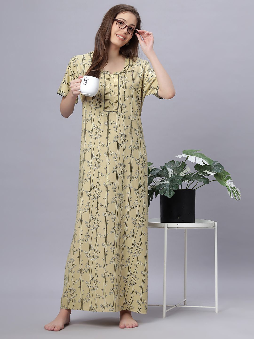 

QUIRA Women Printed Maxi Nightdress, Green