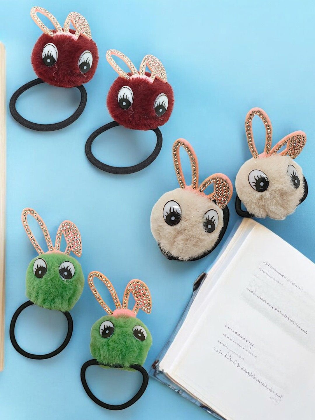 

9blings Girls Set of 6 Fur Ponytail Holders, Green