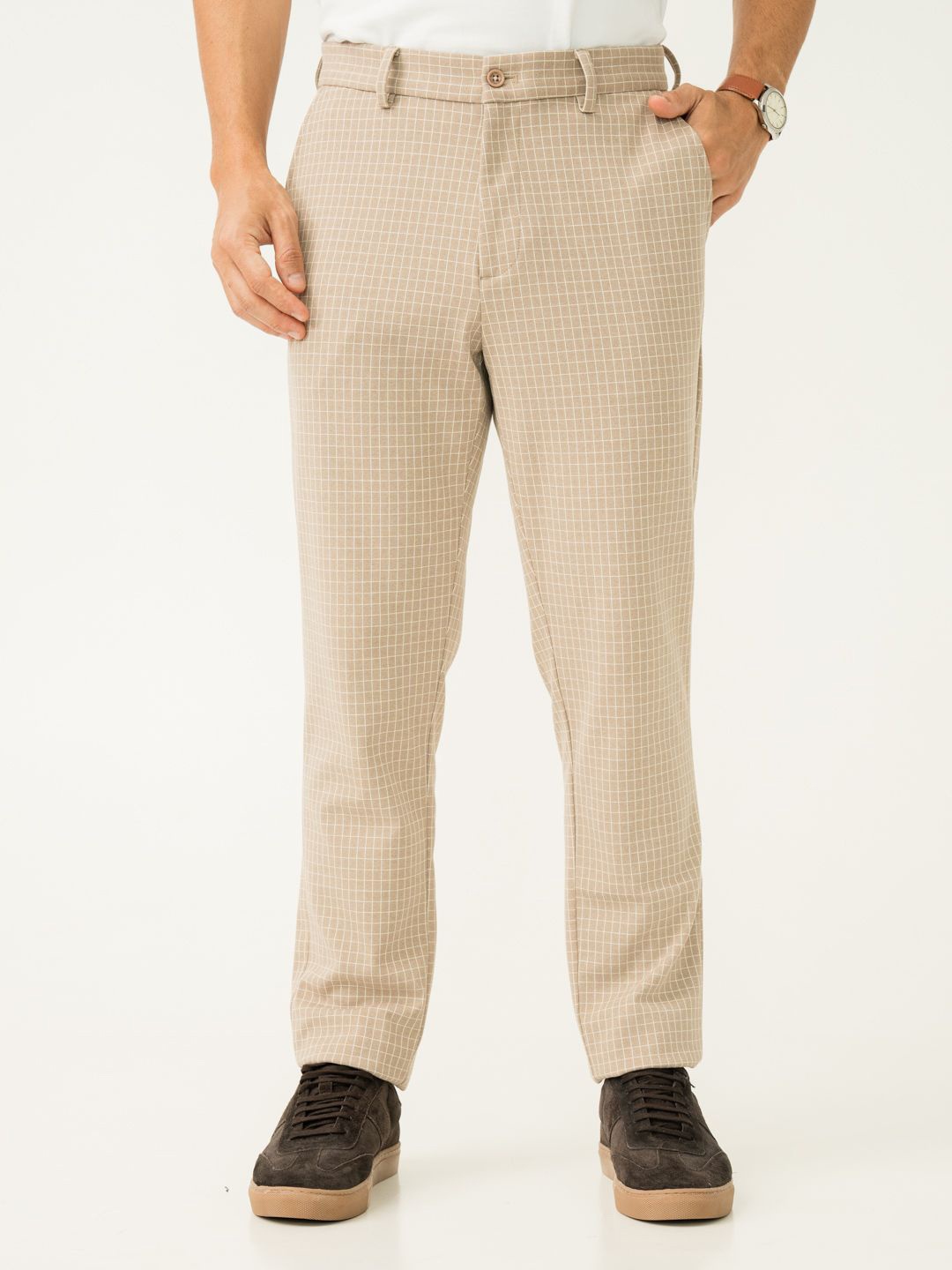 

The Pant Project Men Stylish Slim Fit Checked Soft-Stretch-Comfort Wrinkle Free Trousers, Khaki