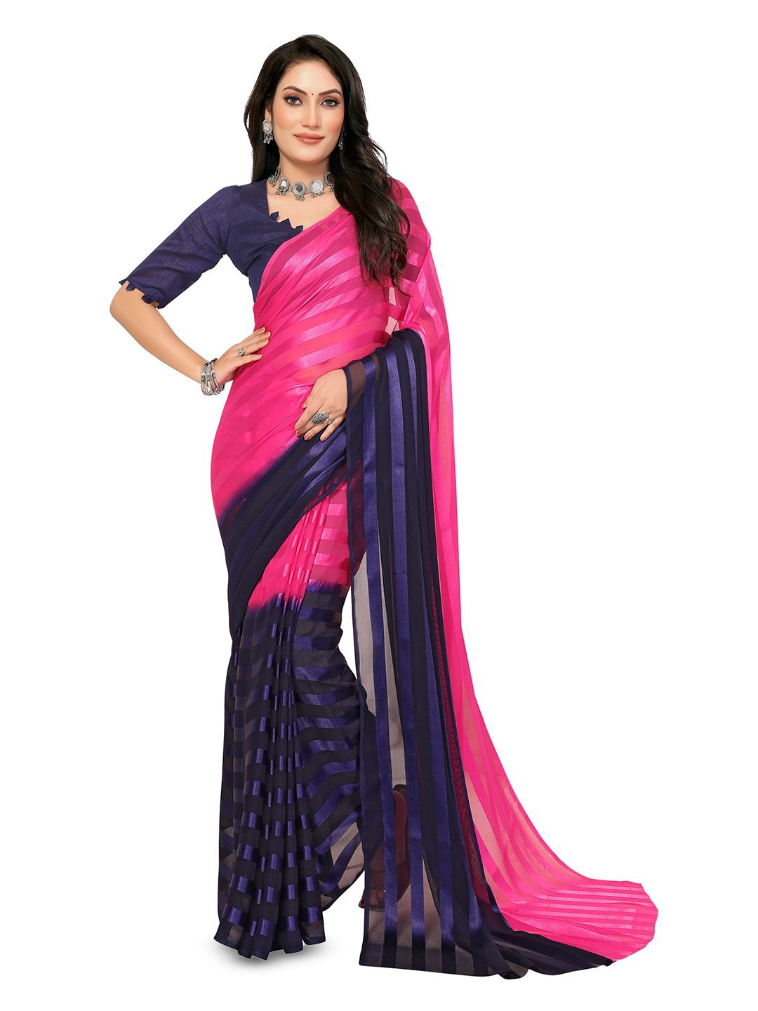 

Moda Rapido Striped Half and Half Saree, Pink