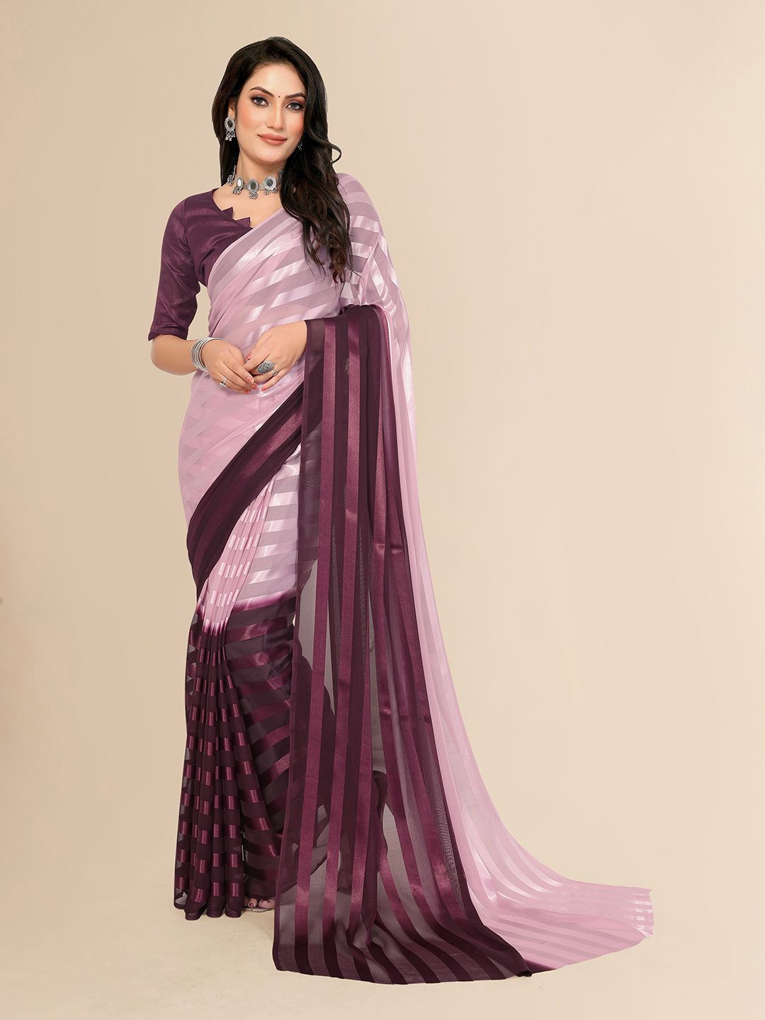 

Moda Rapido Striped Printed Satin Saree With Unstitched Blouse Piece, Purple