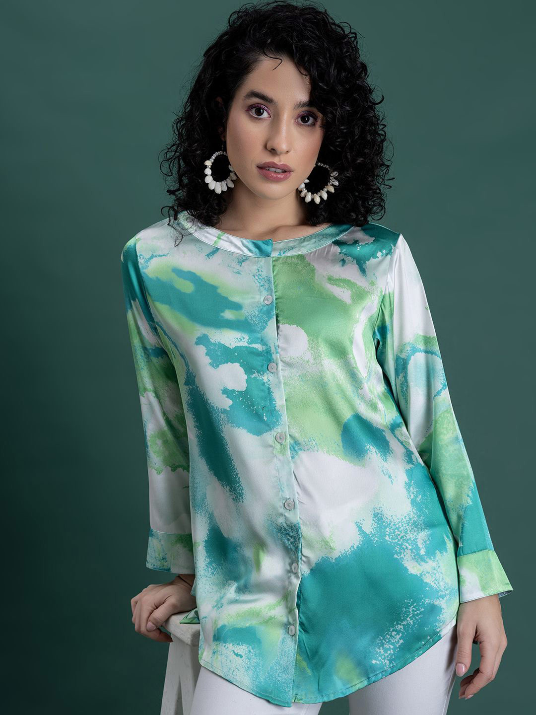 

Lounge Dreams Women Standard Mandarin Collar Abstract Printed Satin Casual Shirt, Green