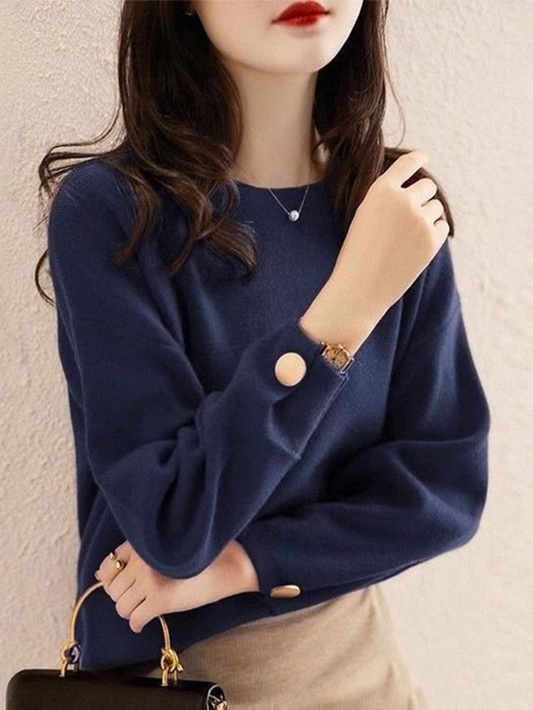

StyleCast Women Solid Round Neck Pullover, Navy blue