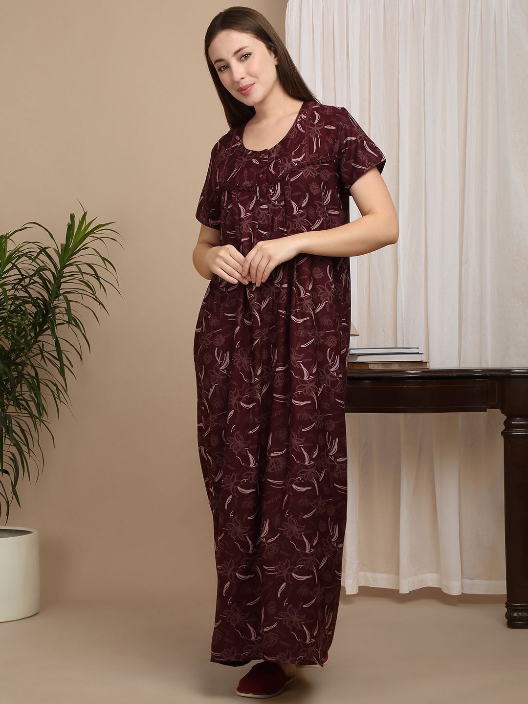 

Sweet Dreams Women Floral Printed Pure Cotton Maxi Nightdress, Brown