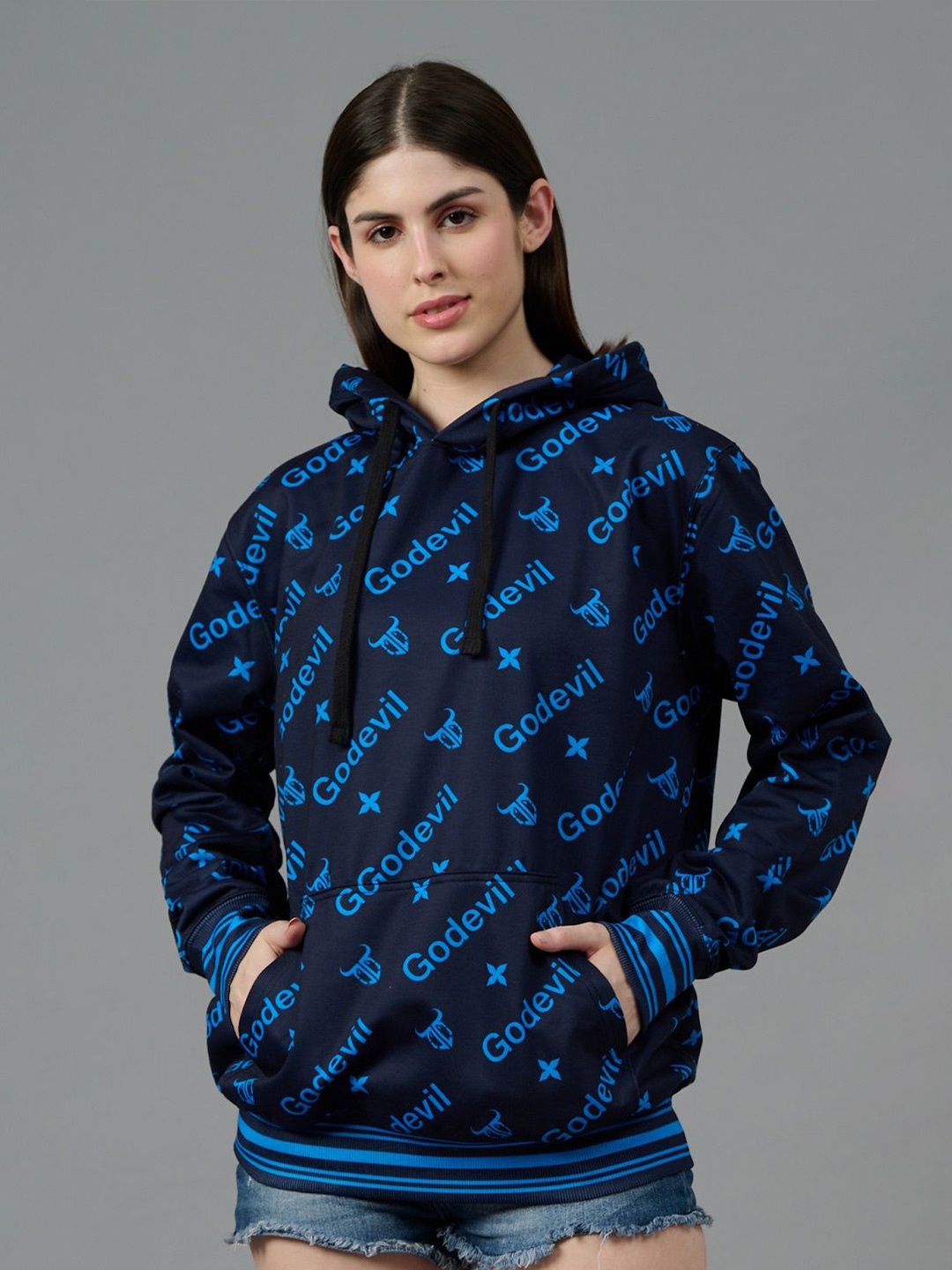 

GO DEVIL Women Printed Hooded Pullover Sweatshirt, Blue