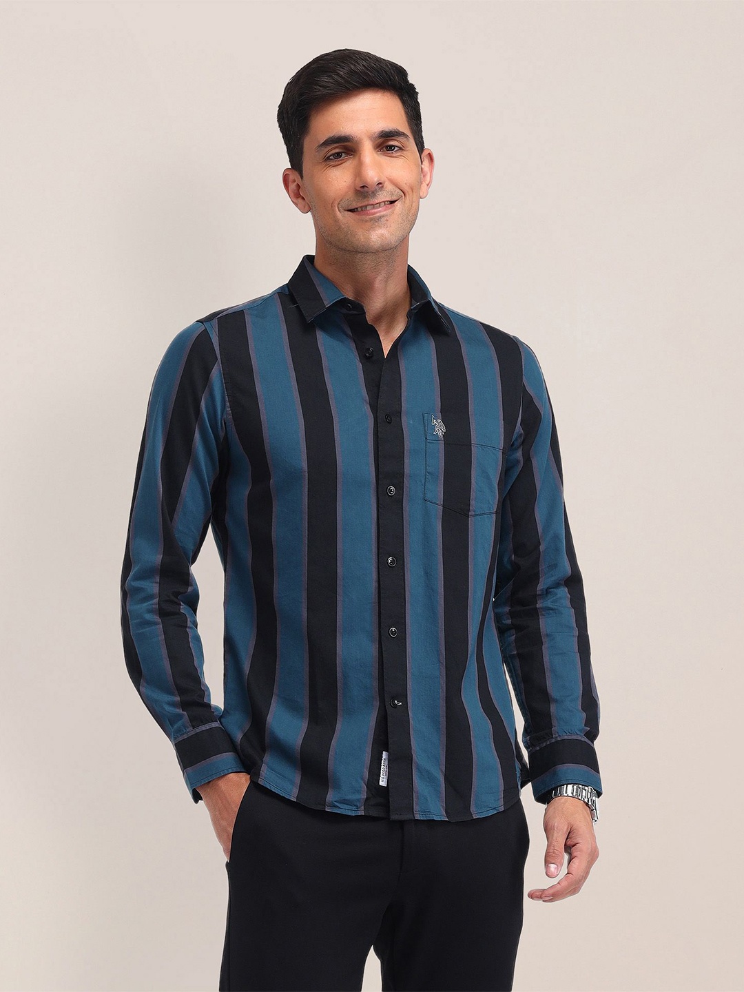 

U.S. Polo Assn. Men Classic Vertical Striped Cotton Tailored Fit Casual Shirt, Blue