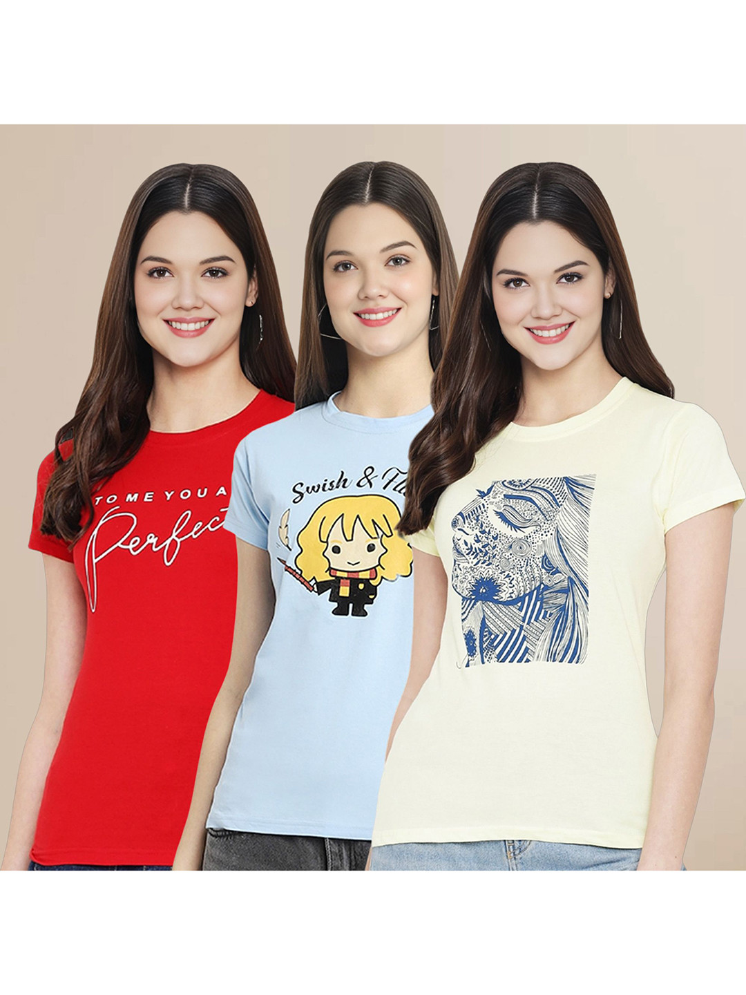 

Metronaut Women Pack Of 3 Typography Printed Round Neck Cotton T-shirts, Red