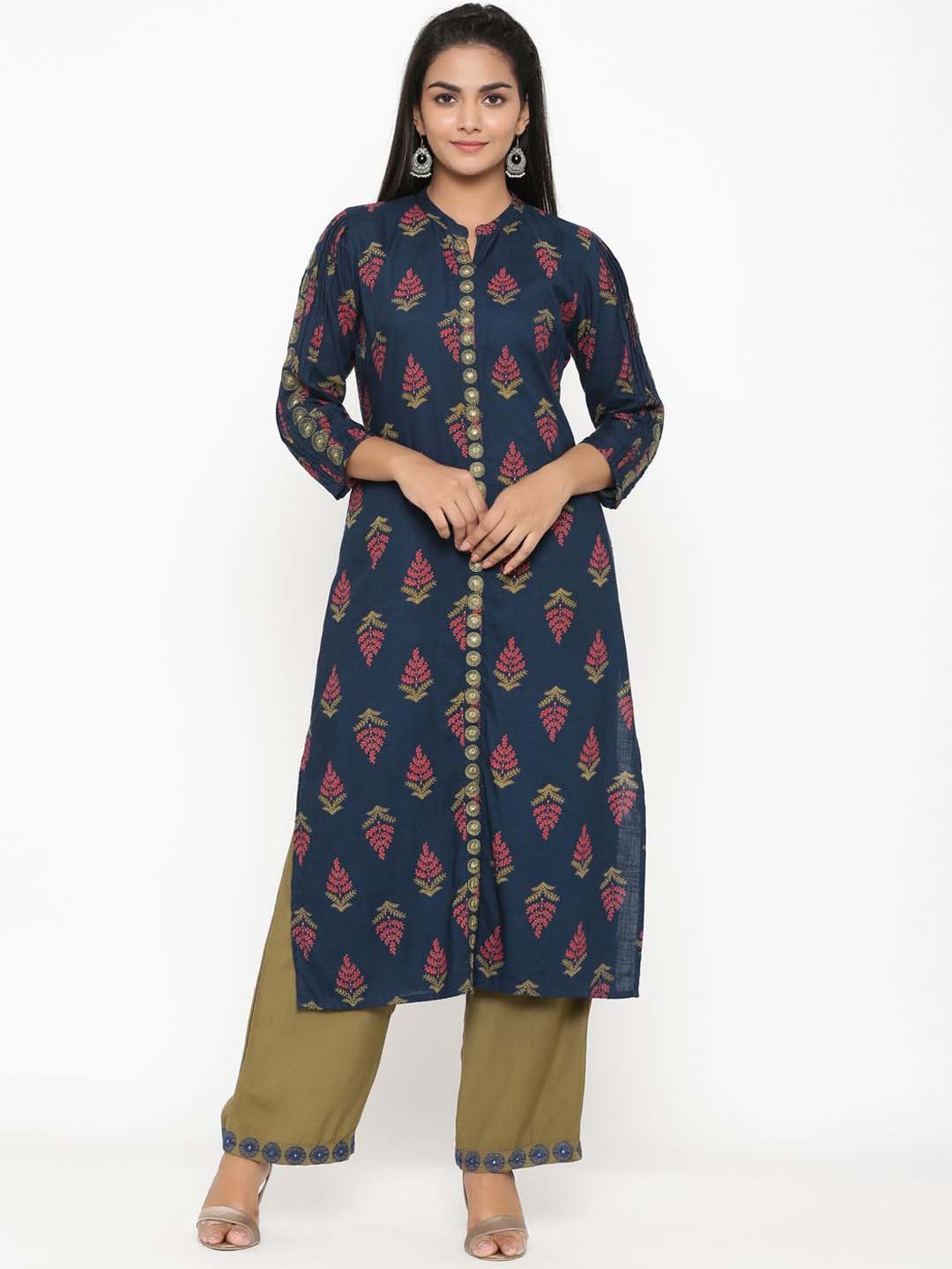 

Anouk Navy Blue and Pink Ethnic Motifs Printed Liva Straight Kurta