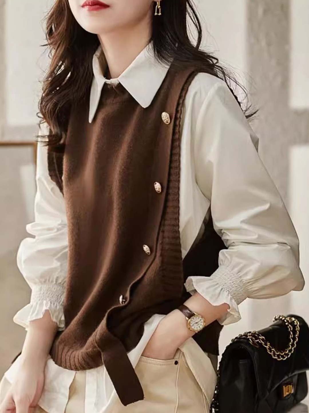 

StyleCast Women Self Design Round Neck Sweater Vest, Brown