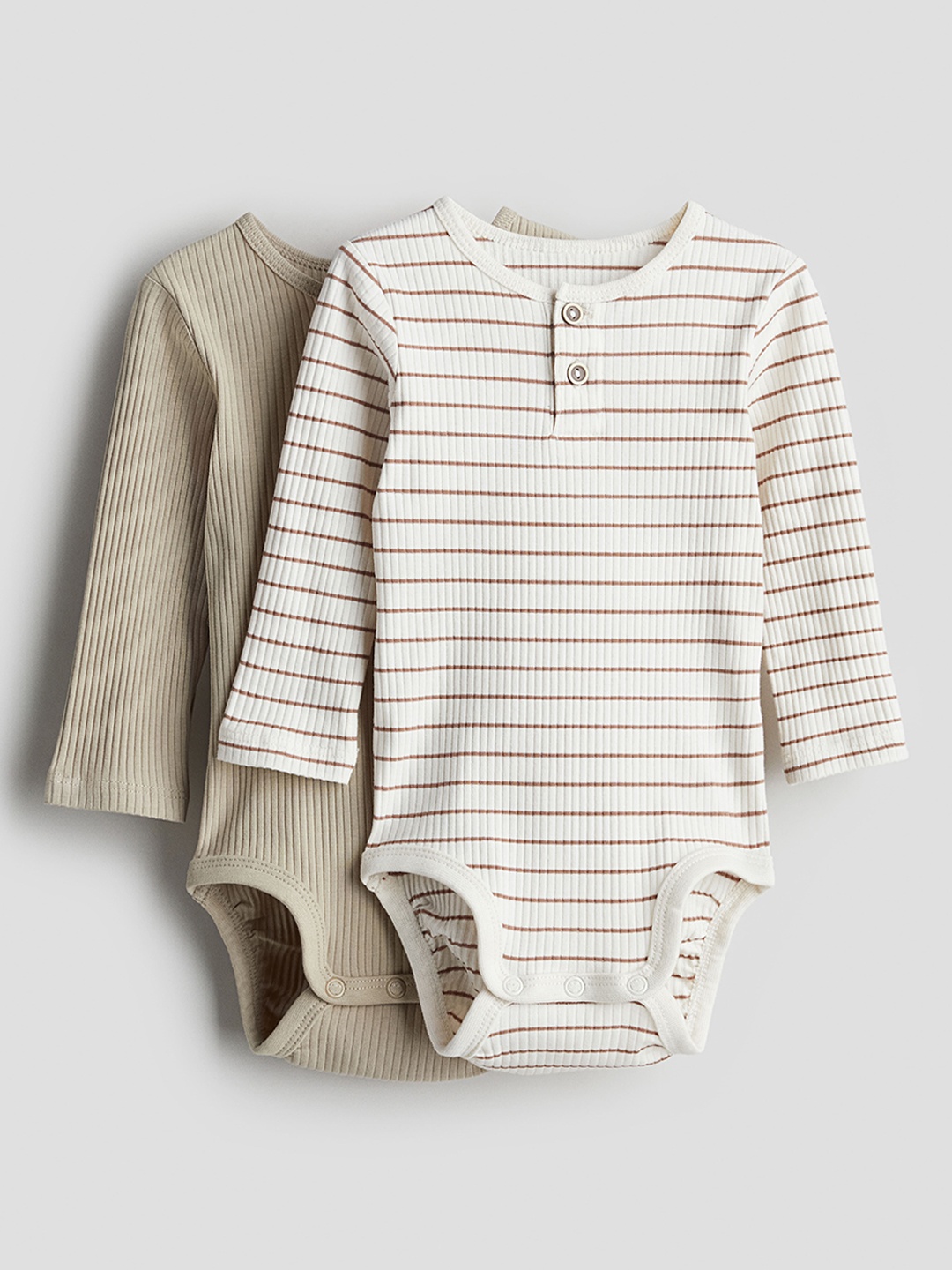 

H&M Boys Striped Pack Of 2 Cotton Henley Bodysuits, Brown