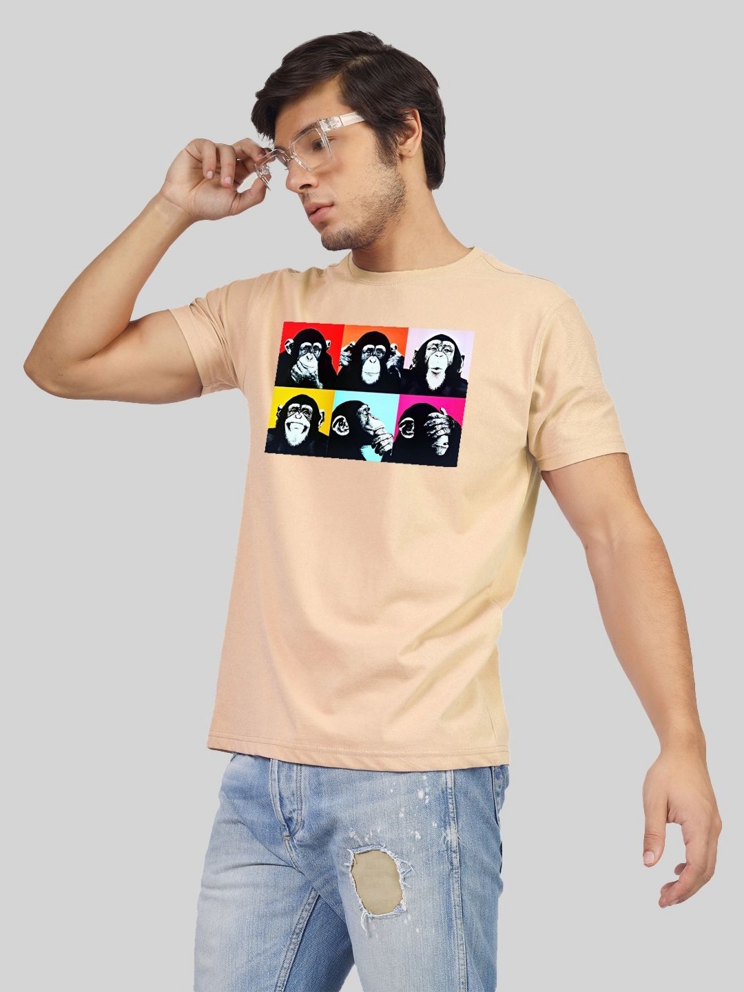 

Greylongg Men Graphic Printed Round Neck Cotton T-shirt, Beige