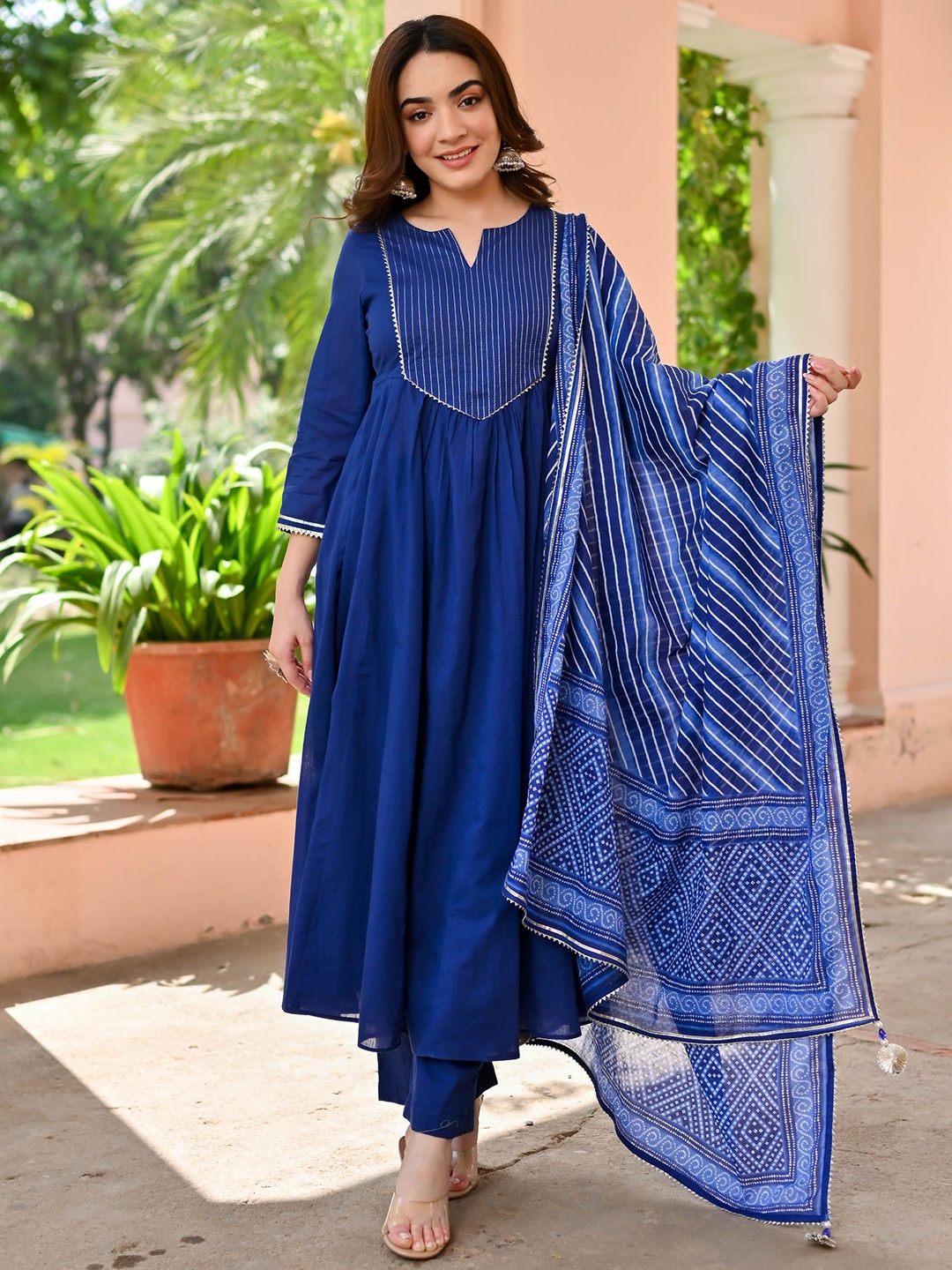 

Bunaai Striped Yoke Design Gotta Patti Kurta with Pyjama & With Dupatta, Blue