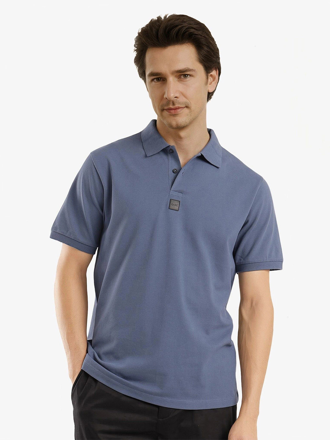 

RARE RABBIT Men Solid Polo Collar Cotton T-shirt, Blue