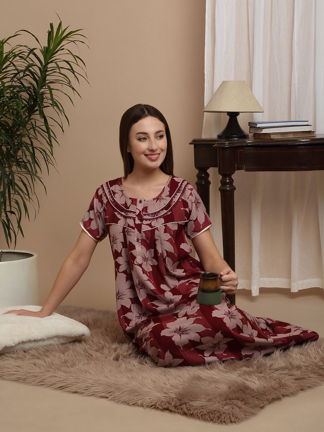 

Sweet Dreams Women Printed Pure Cotton Maxi Nightdress, Maroon