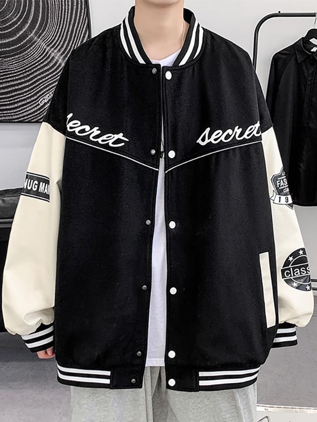 

StyleCast x Revolte Men Stand Collar Typography Printed Casual Varsity Jacket, Black